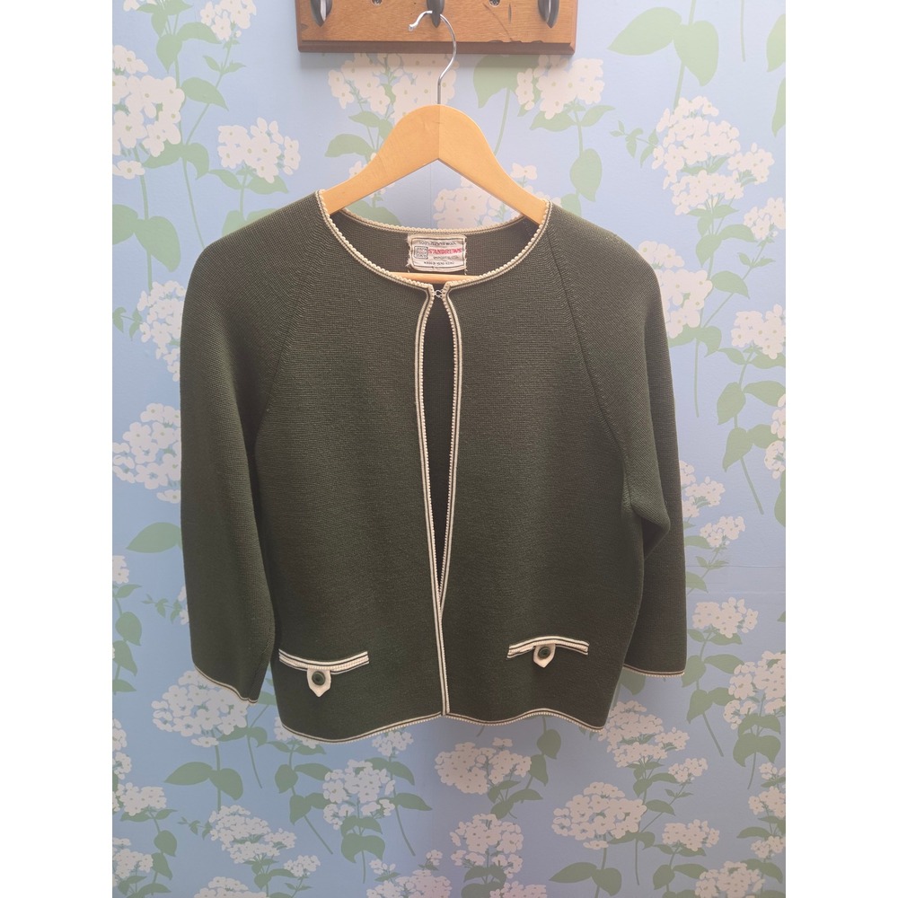Vintage St Andrews Zephyr Wool Cardigan Sweater Green Ivory Trim Medium